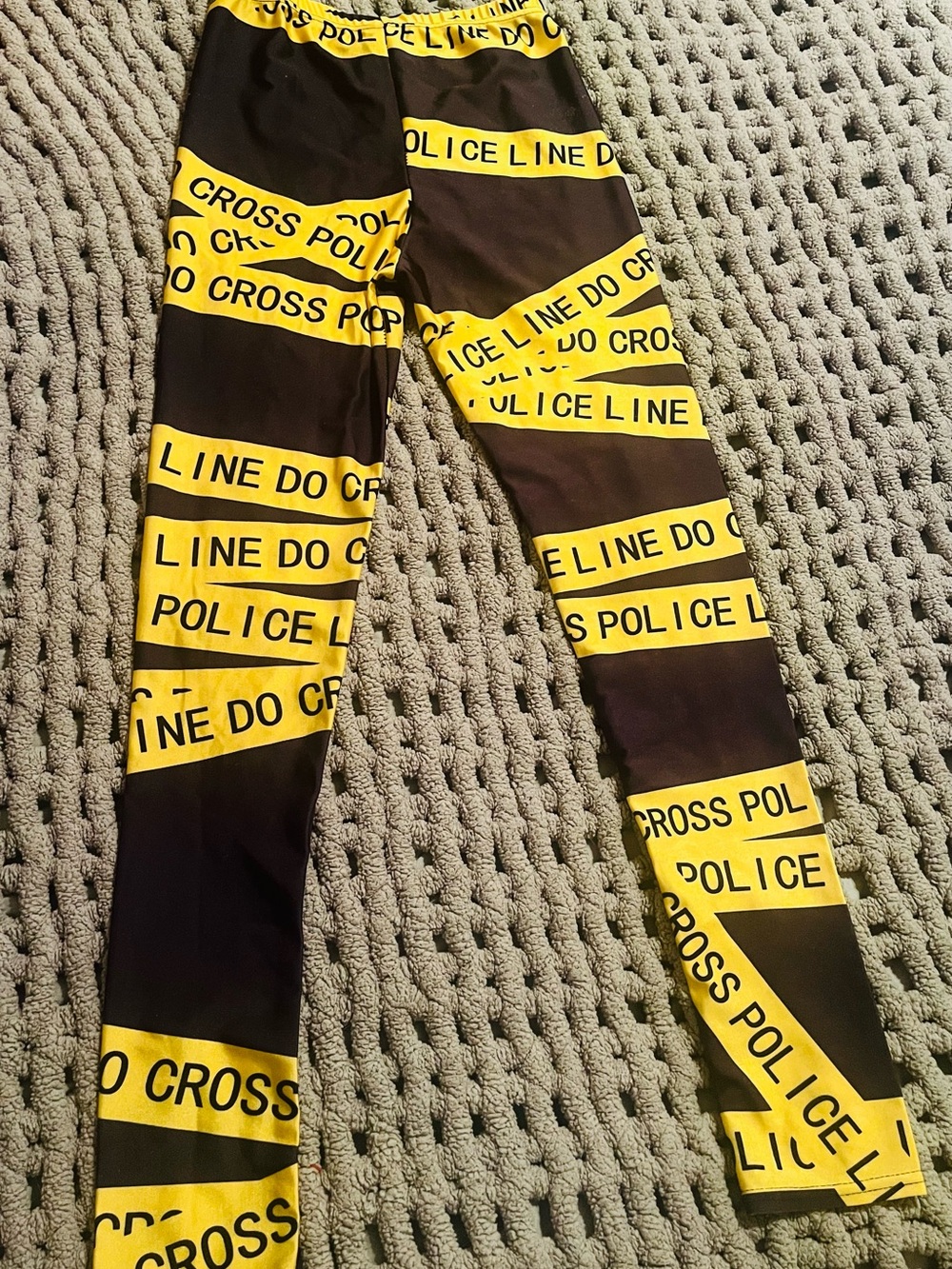 Black Leggings with Yellow Police Line Tape Print